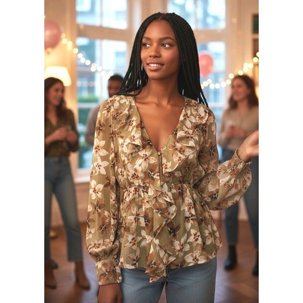 Lumiere NEW v-neck wrap balloon sheer sleeves lined floral blouse sz L coquette